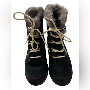 Sorel Black Suede Winter Boots Faux Fur Trim Lace Up Size 7.5